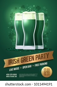 St. Patrick's Day. Holiday poster with three beer glasses and lettering on golden ribbon: "Irish green party". Vector illustration.