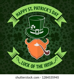 St. Patricks Day Holiday poster, banner, label, badge, emblem or greeting card design with Irish leprechaun. Vector illustration.