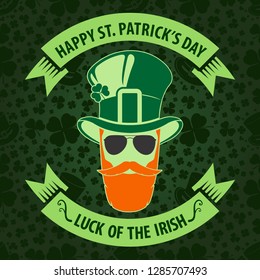 St. Patrick's Day Holiday poster, banner, label, badge, emblem or greeting card design with hipster leprechaun. Vector illustration.