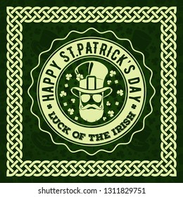 St. Patrick's Day Holiday poster, banner, label, badge, emblem or greeting card design with hipster leprechaun. Vector illustration.