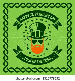 St. Patrick's Day Holiday poster, banner, label, badge, emblem or greeting card design with hipster leprechaun. Vector illustration.
