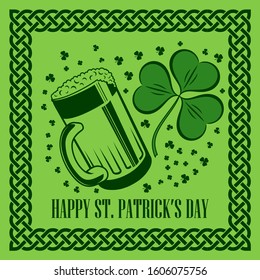 St. Patrick's Day Holiday poster with Shamrock leaf and Beer mug. Vector illustration.