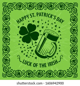 St. Patrick's Day Holiday poster with Clover leaf and Beer mug. Vector illustration.