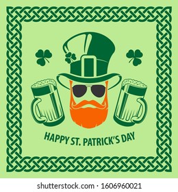 St. Patrick's Day Holiday poster design template with Beer mug and hipster leprechaun. Vector illustration.