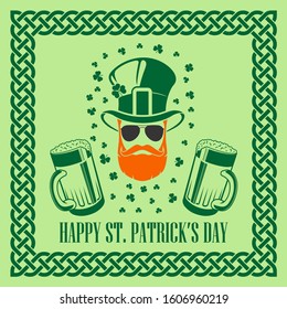 St. Patrick's Day Holiday poster with Beer mugs and Leprechaun. Vector illustration.