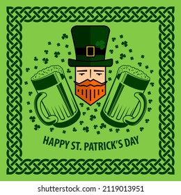 St. Patrick's Day Holiday poster with Beer mugs and Leprechaun. Vector illustration