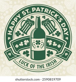 St. Patrick's Day Holiday poster design template with 	
Beer bottle and Beer mugs