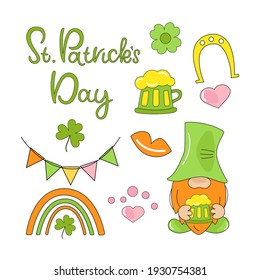 St. Patrick's Day holiday SET. Vector decoration element garland, leprechaun, rainbow, beer mug, horseshoe. Cartoon style.
