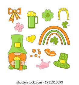 St. Patrick's Day holiday SET. Vector decoration element garland, leprechaun, rainbow, beer mug, horseshoe. Cartoon, flat style.
