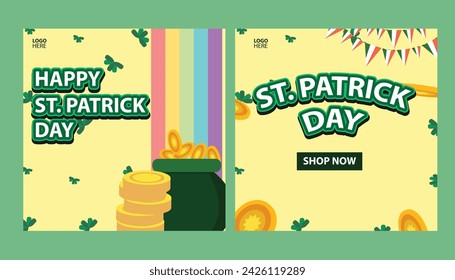 St. Patrick's Day holiday square template and design elements green shamrocks, beer drinks and celebration decorations for banners, posters and social media posts.