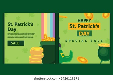St. Patrick's Day holiday square template and design elements green shamrocks, beer drinks and celebration decorations for banners, posters and social media posts.