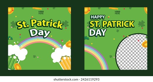 St. Patrick's Day holiday square template and design elements green shamrocks, beer drinks and celebration decorations for banners, posters and social media posts.