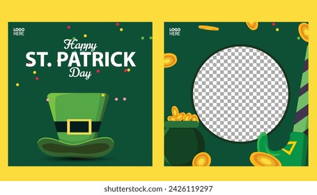 St. Patrick's Day holiday square template and design elements green shamrocks, beer drinks and celebration decorations for banners, posters and social media posts.