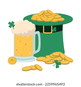 St. Patrick's Day holiday theme design with a green leprechaun hat, beer, and a lot of gold coins Isolated on white background.