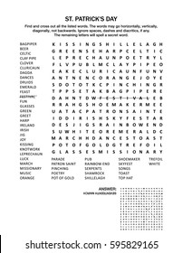 St. Patrick's Day holiday themed word search puzzle (English language). Black and white. Answer included.
