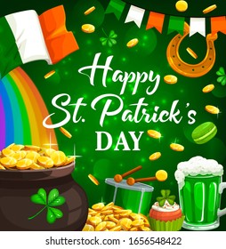 St Patricks Day holiday. Vector Irish flag, leprechaun pot of gold, shamrock clover leaves, green ale beer, lucky horseshoe and treasure rainbow, spring festival drum and bunting garland