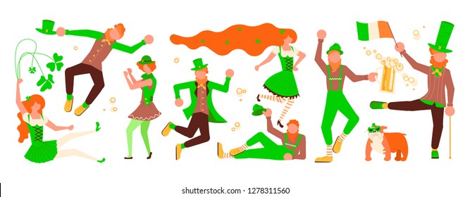 St Patricks Day Horizontal banner template. Cute cartoon leprechauns with mugs of beer dancing. Vector illustration eps