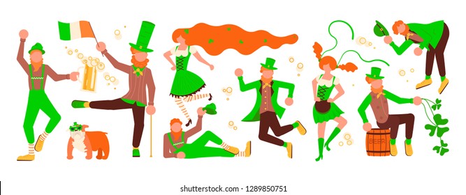 St Patricks Day Horizontal banner template. Cute cartoon leprechauns with mugs of beer dancing. Vector illustration eps