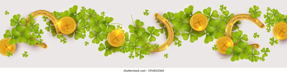 St. Patrick's day horizontal banner background with green shamrock leaves, gold coins and horseshoes. Element design. Realistic vector illustration. Isolated on white background.