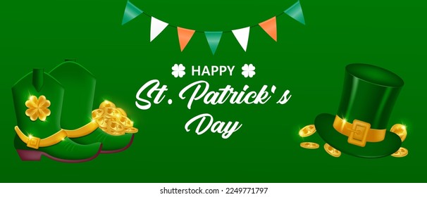 St. Patrick's Day horizontal banner design. Background for postcard, poster, banner. Leprechaun hat, gold coins and Leprechaun shoes. Vector illustration.
