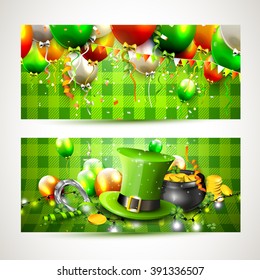 St. Patrick's Day horizontal banners with balloons, hat and pot of gold on green background