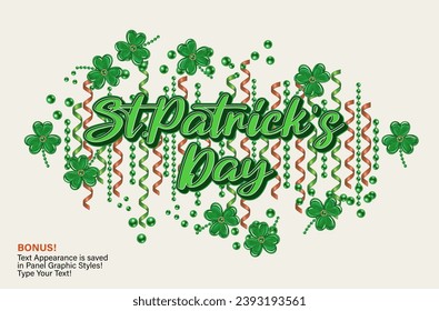 St Patricks Day horizontal label with scattered beads, clover leaves, bead strings, party streamers, text. Illustration for advert of event. Editable text appearance, text graphic style included