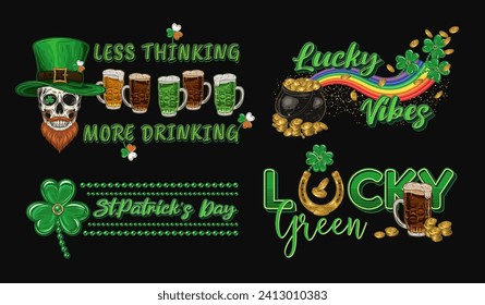 St Patricks Day horizontal Labels with holiday objects, text on black background. Skull, beer, pot with golden coins. For clothing, apparel, T-shirts, holiday stuff, goods decoration Vintage style