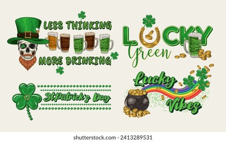 St Patricks Day horizontal Labels with holiday objects, text on white background. Skull, beer, pot with golden coins. For clothing, apparel, T-shirts, holiday stuff, goods decoration Vintage style