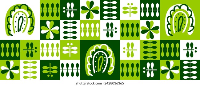 St Patricks Day horizontal pattern with four leaf clovers, rainbows and dragonflies. Spring print  for card, cup, mug, banner. Hand drawn vector illustration.

