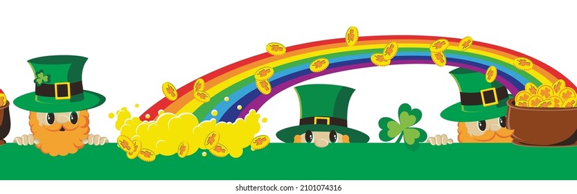 St. Patrick's Day horizontal seamless border with funny leprechauns, rainbow, clover and coins