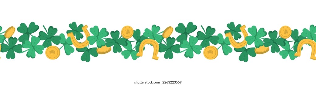 St. Patrick's Day horizontal seamless background with shamrock leaves, horseshoes, and many gold coins. Isolated on white background.