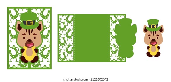 St. Patrick's Day hyena laser cutting invitation card template. Paper cut out silhouette for plotter and silk screen printing. Vector stock illustration.