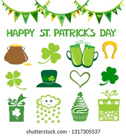 St. Patrick`s day icon. Collection of design elements isolated on White background. Set Emblems: leaf clover, pint beer, leaf clover,  pub decoration, leprechaun hat, pot of gold coins, flags.  Vector