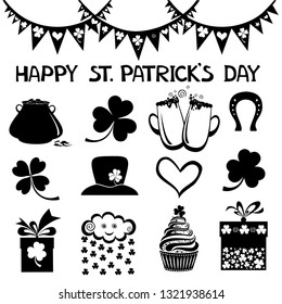 St. Patrick`s day icon. Collection of design elements isolated on White background. Set Emblems: leaf clover, pint beer, leaf clover,  pub decoration, leprechaun hat, pot of gold coins, flags.  Vector