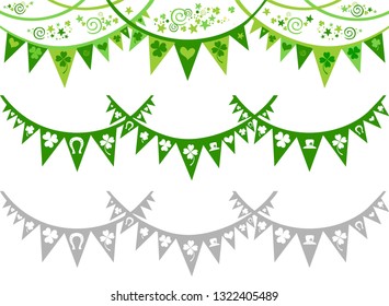 St. Patrick`s day icon. Collection of design elements isolated on White background. Set Emblems. Saint Patrick's Day banner. Flags ornament. Celebration background with garland and place for your text
