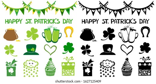 St. Patrick`s day icon. Collection of design elements isolated on White background. Set Emblems: leaf clover, pint beer, leaf clover,  pub decoration, leprechaun hat, pot of gold coins, flags.  Vector