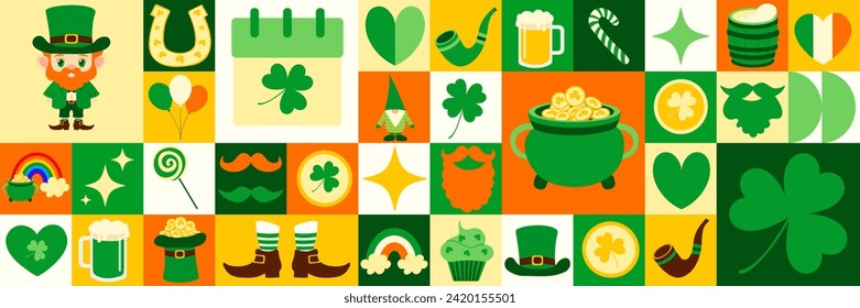 St. Patrick's day icon elements with geometric pattern. Bauhaus style. Vector flat design for poster, card, wallpaper, poster, banner, packaging. Shamrock, leprechaun, clover, March 17th.