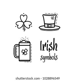 St. Patricks Day icon set design element. Traditional irish symbols in modern flat style. Isolated on white background. Vector illustration, clip art