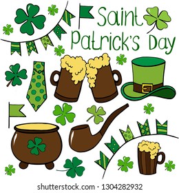 St. Patricks Day icon set design element. Traditional irish symbols in modern flat style. Isolated 