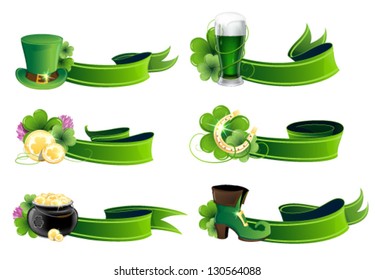 St. Patrick's Day icon set. Holiday symbols with ribbons on a white background