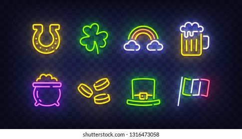 St. Patrick's Day icon set isolated. Patrick's Day neon sign. Horseshoe, Clover, Rainbow, Gold coin, Beer, Flag Ireland and Calendar icon. Vector Illustration