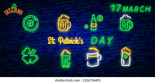 St. Patrick's Day icon set isolated. Patrick's Day neon sign. Horseshoe, Clover, Rainbow, Gold coin, Beer, Flag Ireland and Calendar icon. Vector Illustration