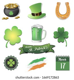 St. Patrick's Day icon set. Pattern design element. Traditional irish symbols on an isolated background. Vector illustration
