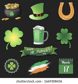 St. Patrick's Day icon set. Pattern design element. Traditional irish symbols on an isolated background. Vector illustration