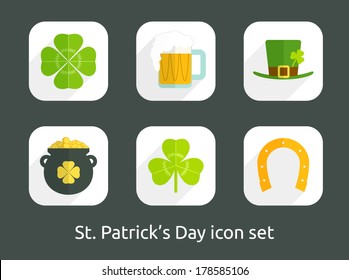 St. Patrick's Day icon set. Rounded square web button. Simple minimalistic flat long shadow style. Vector illustration. Internet design graphic element