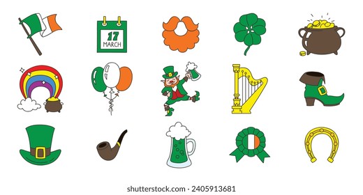 St. Patrick's Day icon set. Doodle illustrations of leprechaun, horseshoe, pipe, mag of ale, cauldron of gold, rainbow etc. isolated on a white background. Vector 10 EPS.