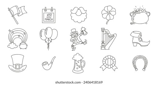 St. Patrick's Day icon set. Doodle illustrations of leprechaun, horseshoe, pipe, mag of ale, cauldron of gold, rainbow etc. isolated on a white background. Vector 10 EPS.