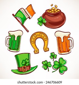 St. Patrick`s Day icon set. Pot of gold, glasses of beer, clover leaves