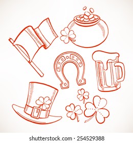 St. Patrick`s Day icon set. Pot of gold, glasses of beer, clover leaves