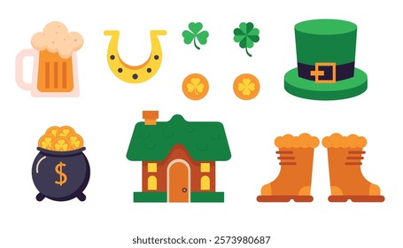 St. Patrick's Day Icon Set Collection. Colorful St. Patrick's Day icon set featuring beer, shamrocks, leprechaun hat, coins, boots, a pot of gold, and a festive house